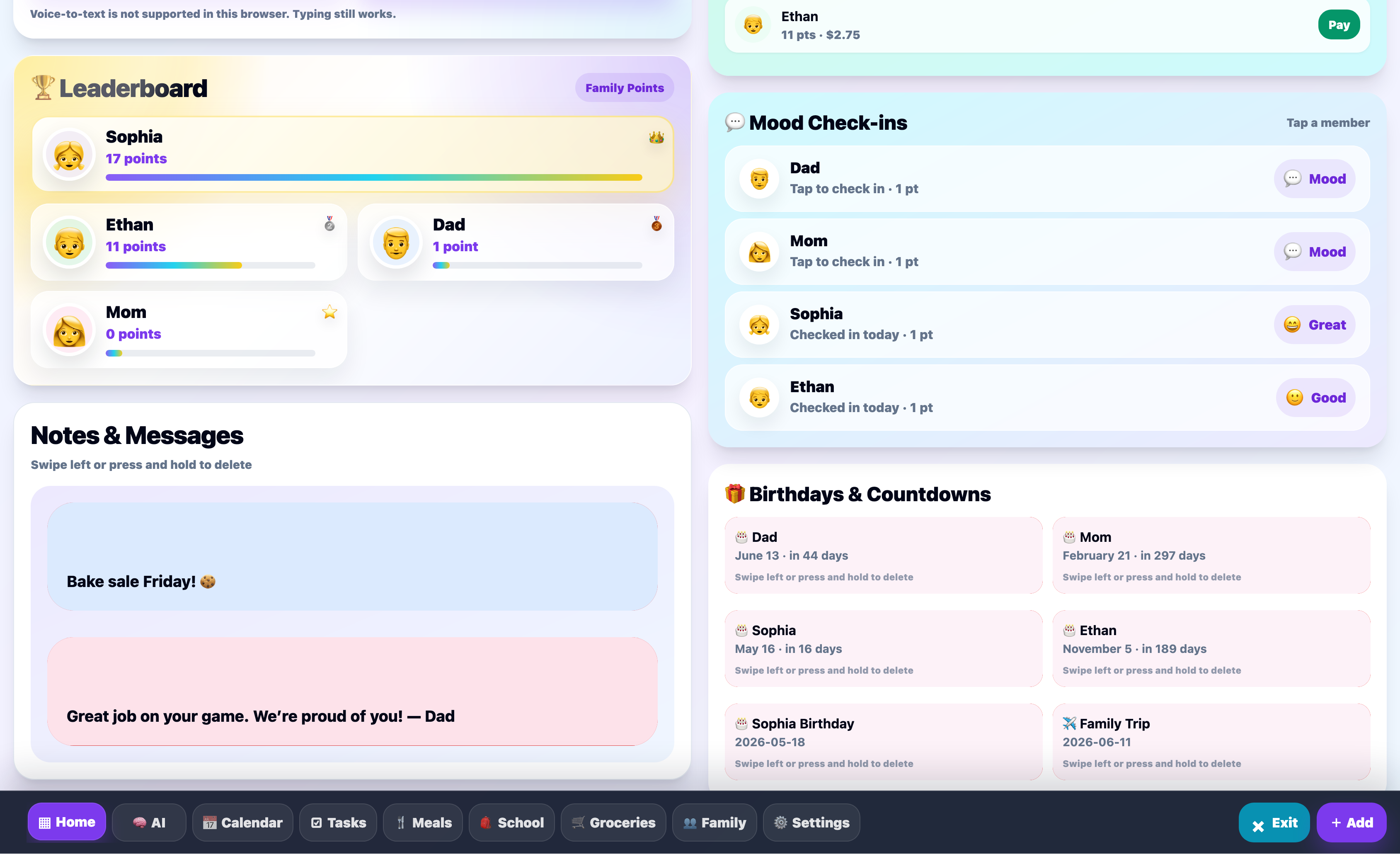Current eNest tablet family dashboard
